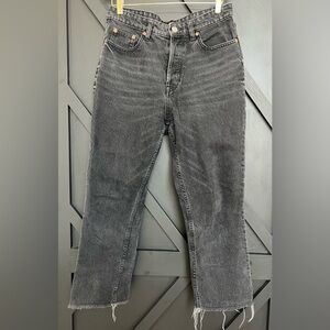 Zara Black Cropped Straight Leg Jeans with Raw Hem, Size 8